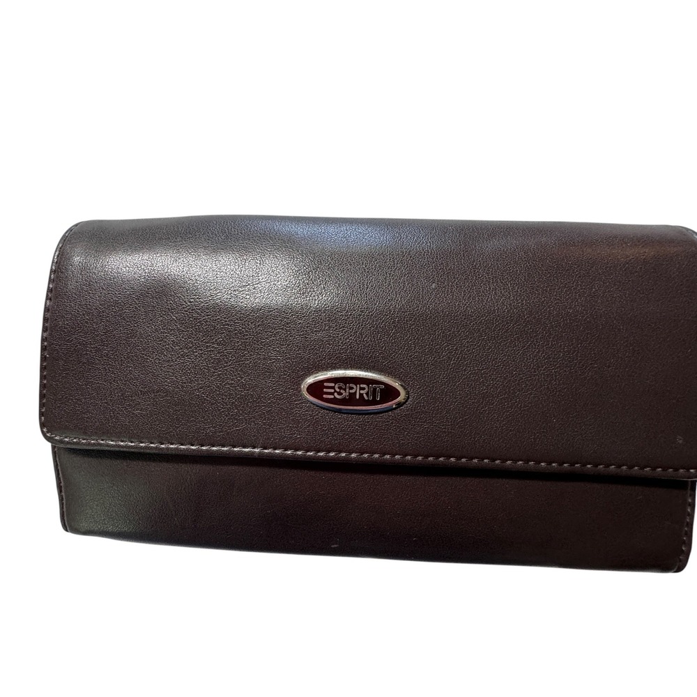 Esprit Trifold Wallet Womens OS Brown Faux Leather Snap Logo 90s Y2K Minimalist